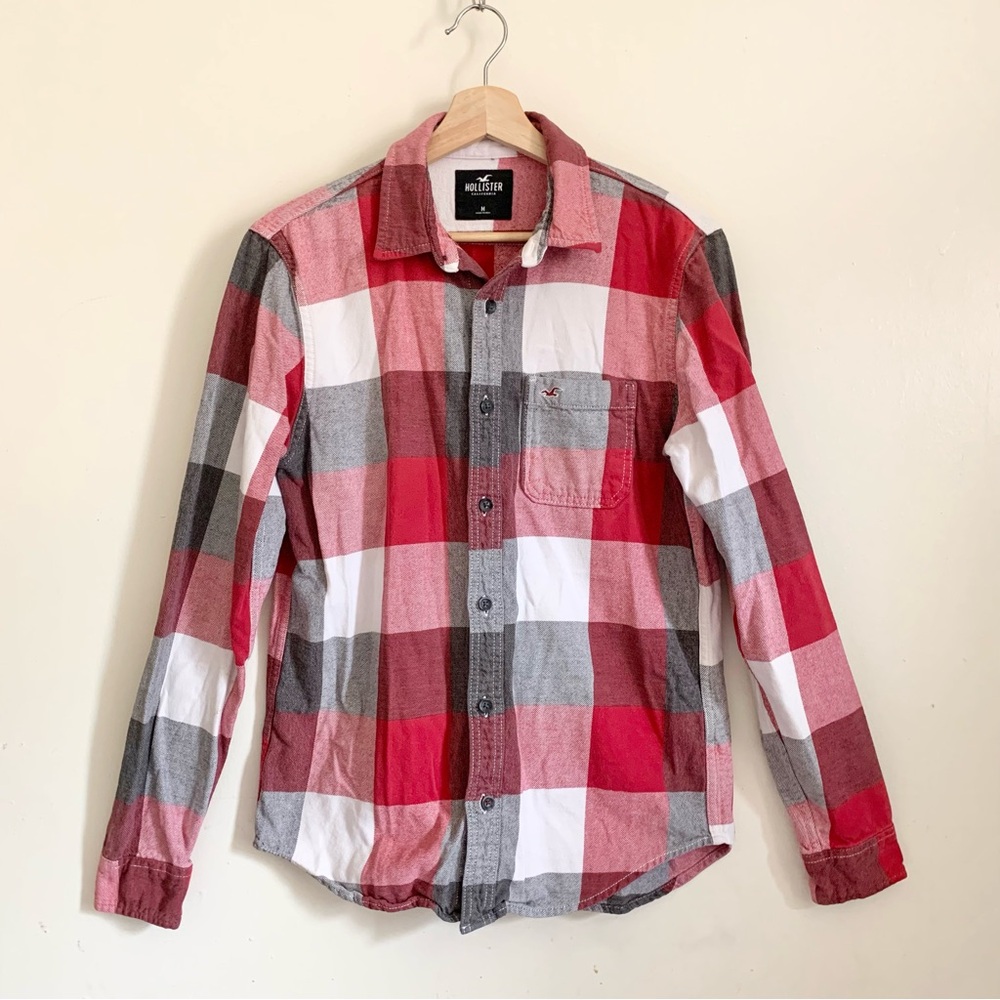 Hollister Red Gray White Long Sleeves Button Down Shirt Medium